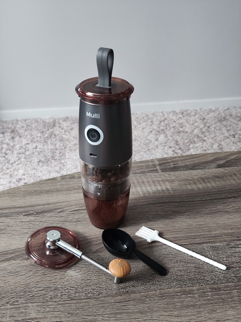 Electric Coffee Grinder - Matte Gray with Brown Accents